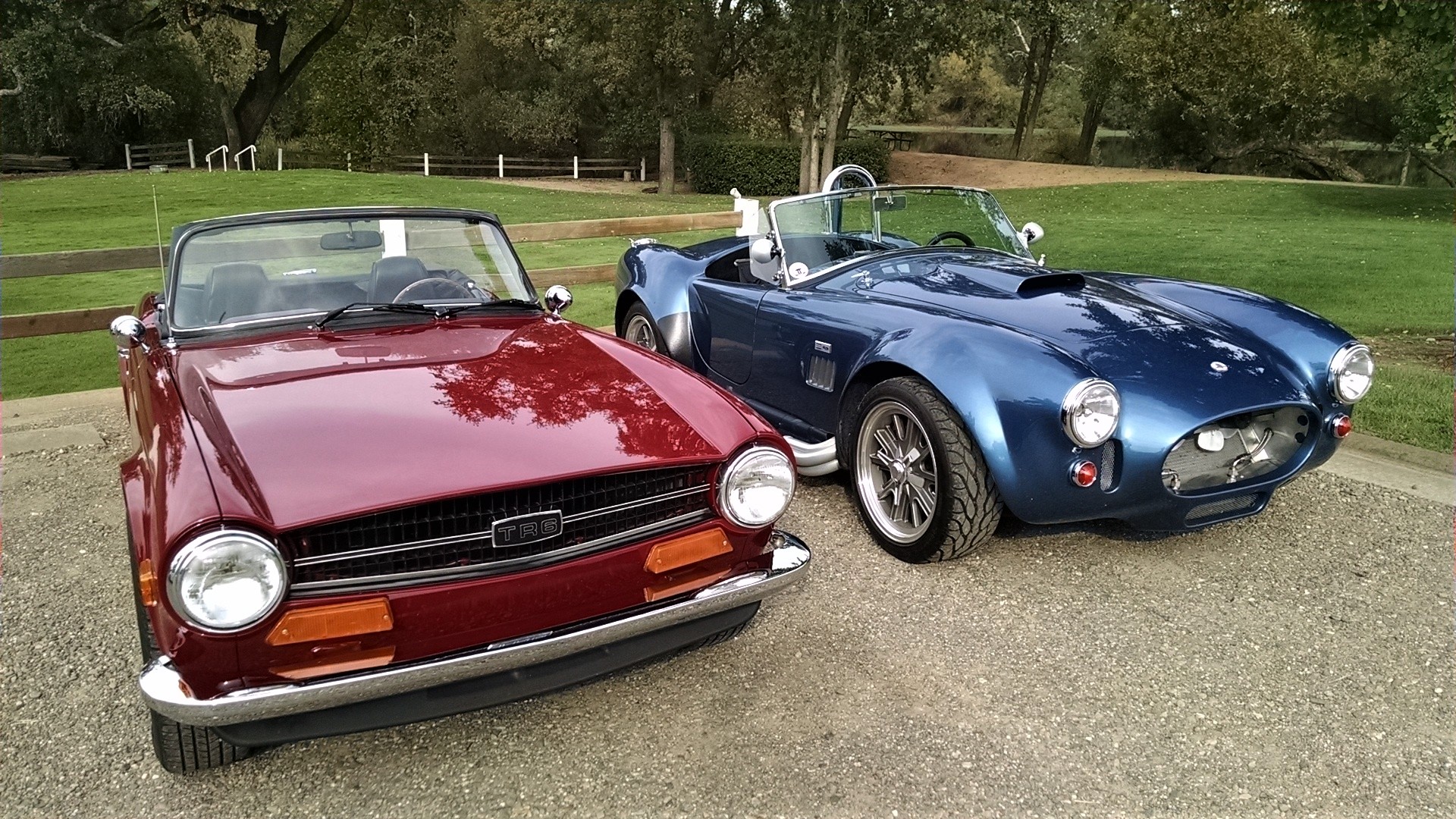 Red Triumph TR6 and blue classic car